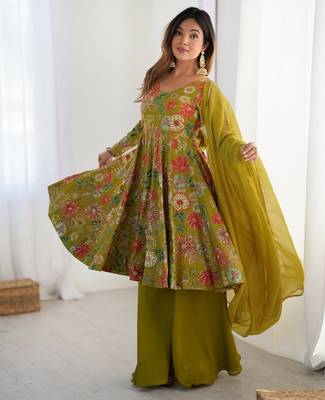 Green floral printed anarkali kurti with palazzo & dupatta for festive wear 3