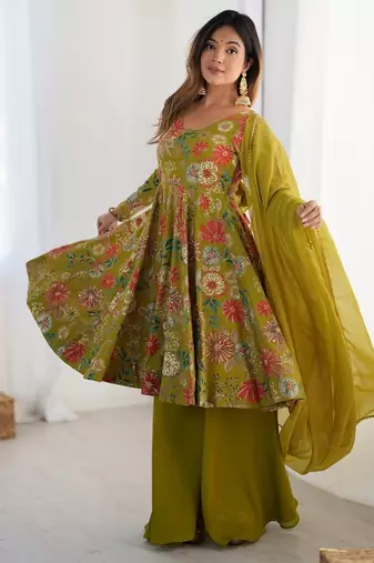 Green floral printed anarkali kurti with palazzo & dupatta for festive wear