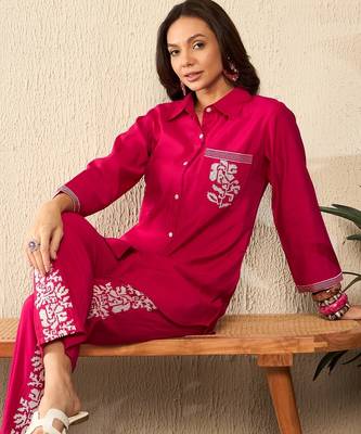 Women pink silk blend solid embroidered regular coord sets 1