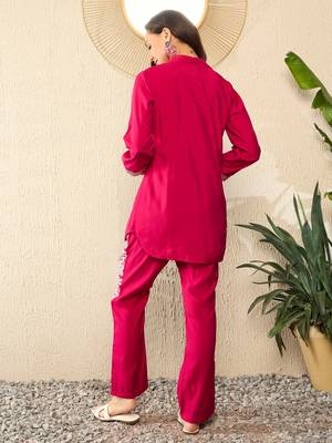 Women pink silk blend solid embroidered regular coord sets 4