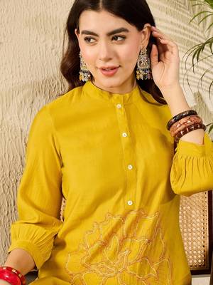 Women mustard silk blend solid embroidered regular coord sets 2