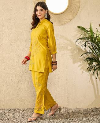 Women mustard silk blend solid embroidered regular coord sets 3