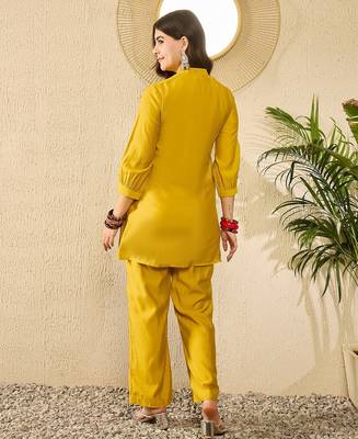 Women mustard silk blend solid embroidered regular coord sets 4