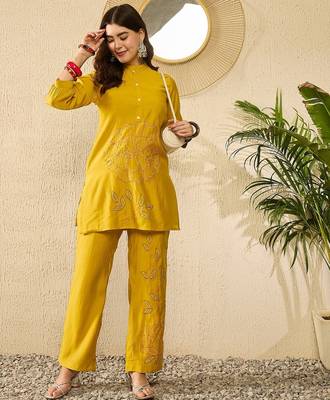 Women mustard silk blend solid embroidered regular coord sets 5