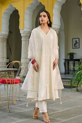 Women off white silk blend solid embroidered a-line kurta trousers with dupatta