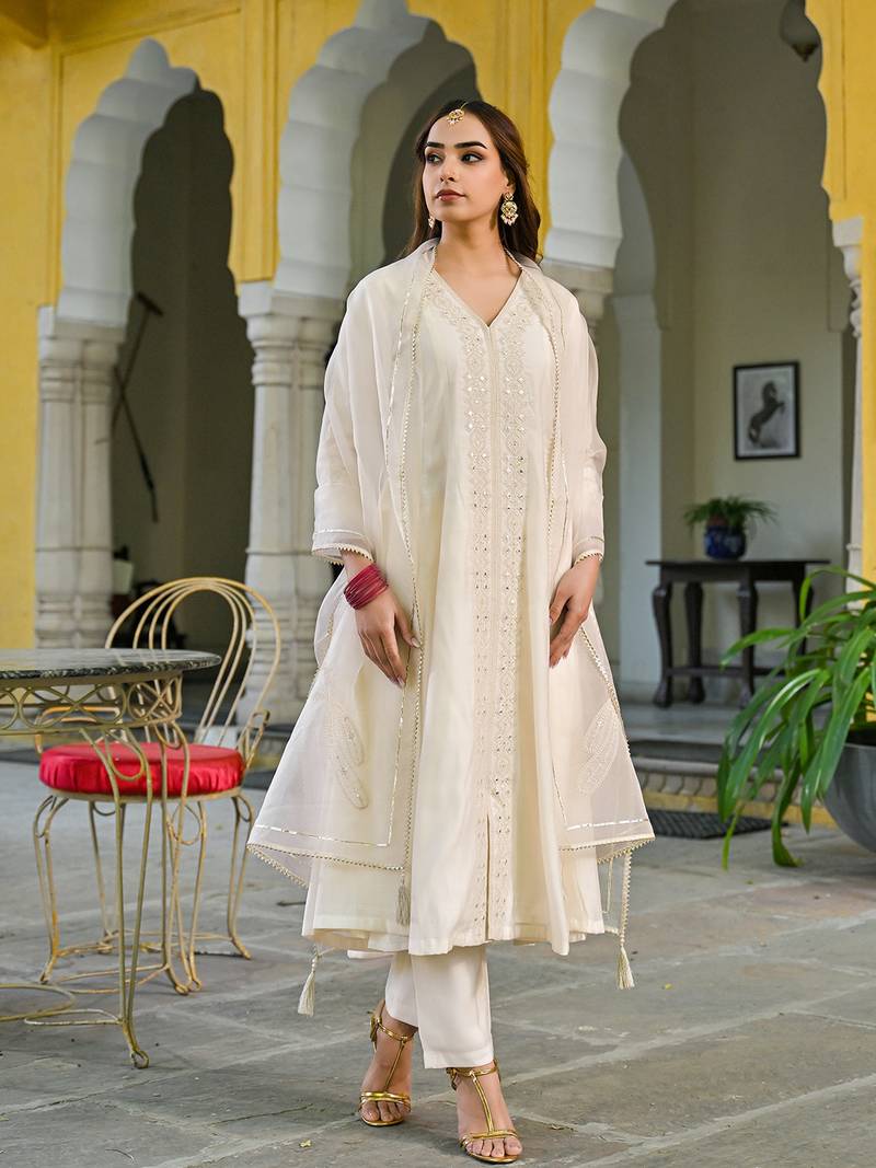 Women off white silk blend solid embroidered a-line kurta trousers with dupatta