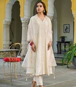 Women off white silk blend solid embroidered a-line kurta trousers with dupatta