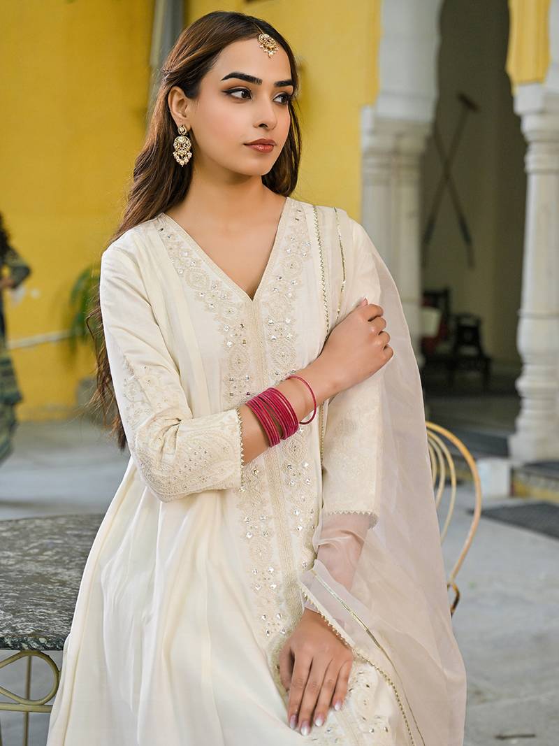 Women off white silk blend solid embroidered a-line kurta trousers with dupatta