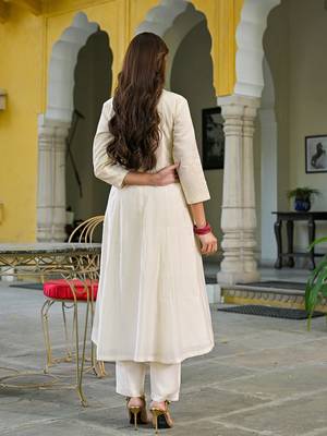 Women off white silk blend solid embroidered a-line kurta trousers with dupatta 4