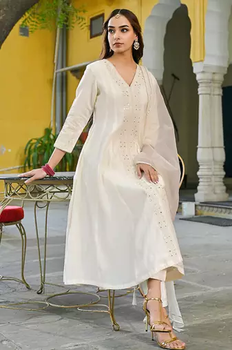 Women off white silk blend solid embroidered a-line kurta trousers with dupatta