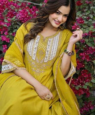 Women yellow silk blend solid embroidered anarkali kurta salwar with dupatta 1