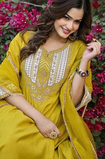 Women yellow silk blend solid embroidered anarkali kurta salwar with dupatta