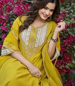Women yellow silk blend solid embroidered anarkali kurta salwar with dupatta
