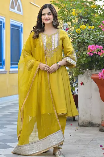 Women yellow silk blend solid embroidered anarkali kurta salwar with dupatta