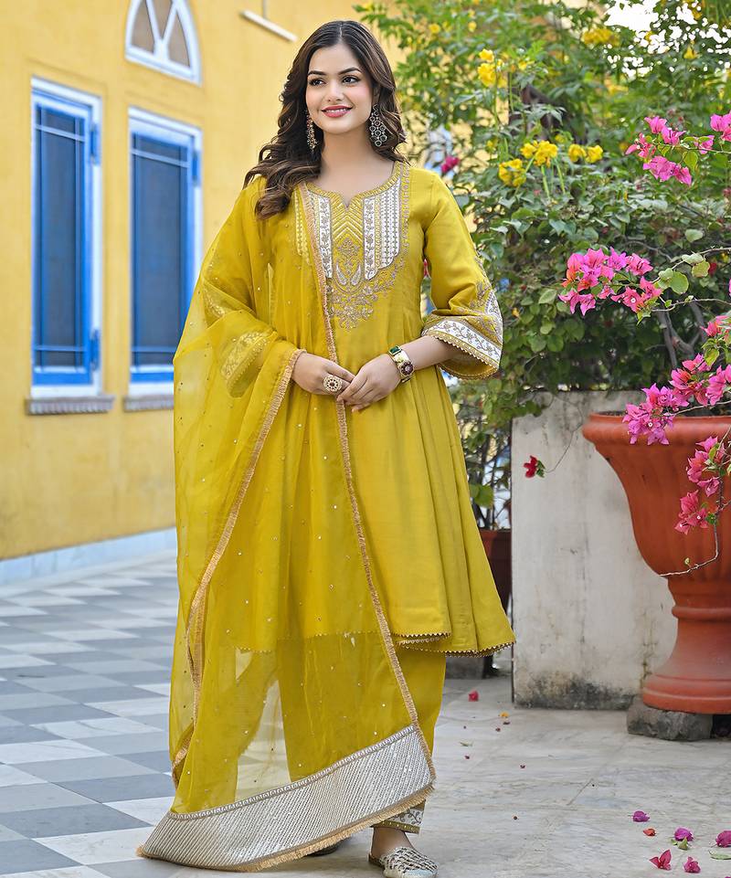Women yellow silk blend solid embroidered anarkali kurta salwar with dupatta