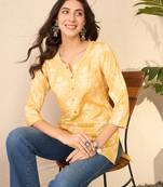 Women yellow cotton blend floral printed regular top