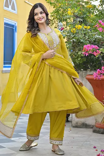 Women yellow silk blend solid embroidered anarkali kurta salwar with dupatta