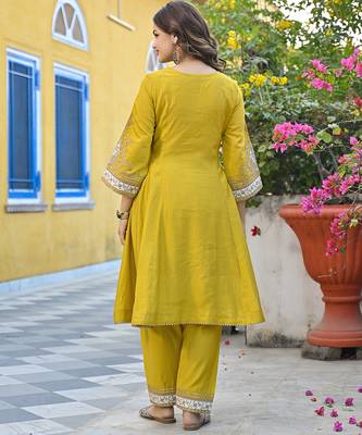 Women yellow silk blend solid embroidered anarkali kurta salwar with dupatta 4