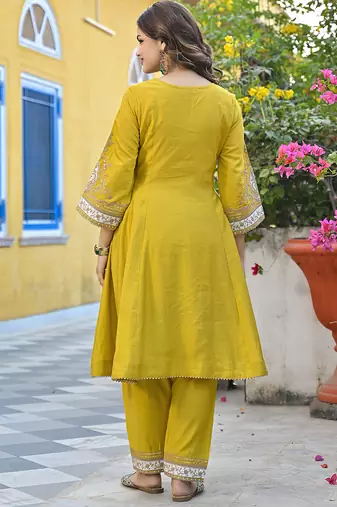 Women yellow silk blend solid embroidered anarkali kurta salwar with dupatta