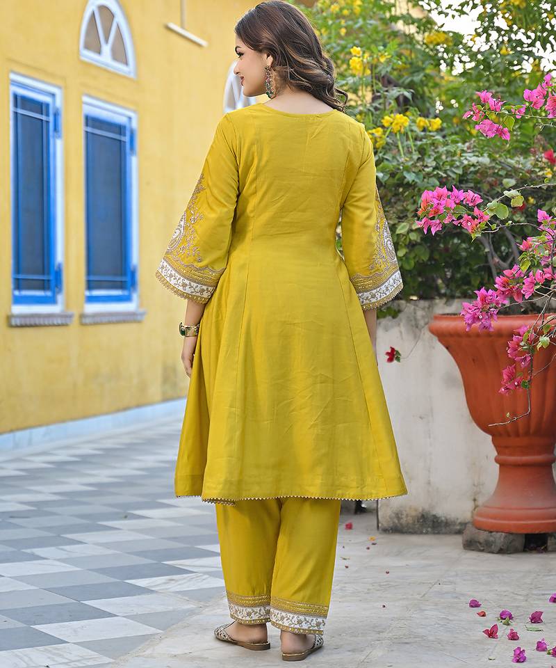 Women yellow silk blend solid embroidered anarkali kurta salwar with dupatta