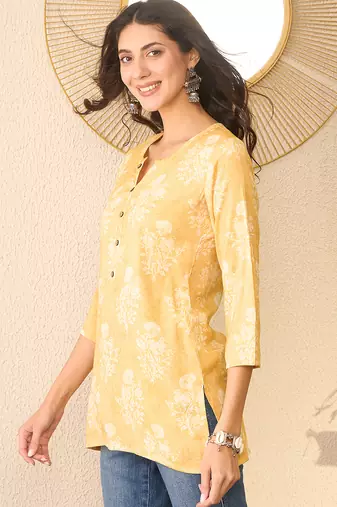 Women yellow cotton blend floral printed regular top