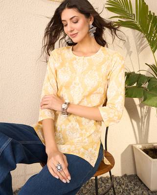 Women yellow cotton blend ethnic motifs printed regular top 1