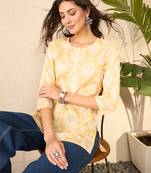 Women yellow cotton blend ethnic motifs printed regular top