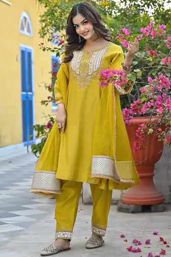 Women yellow silk blend solid embroidered anarkali kurta salwar with dupatta