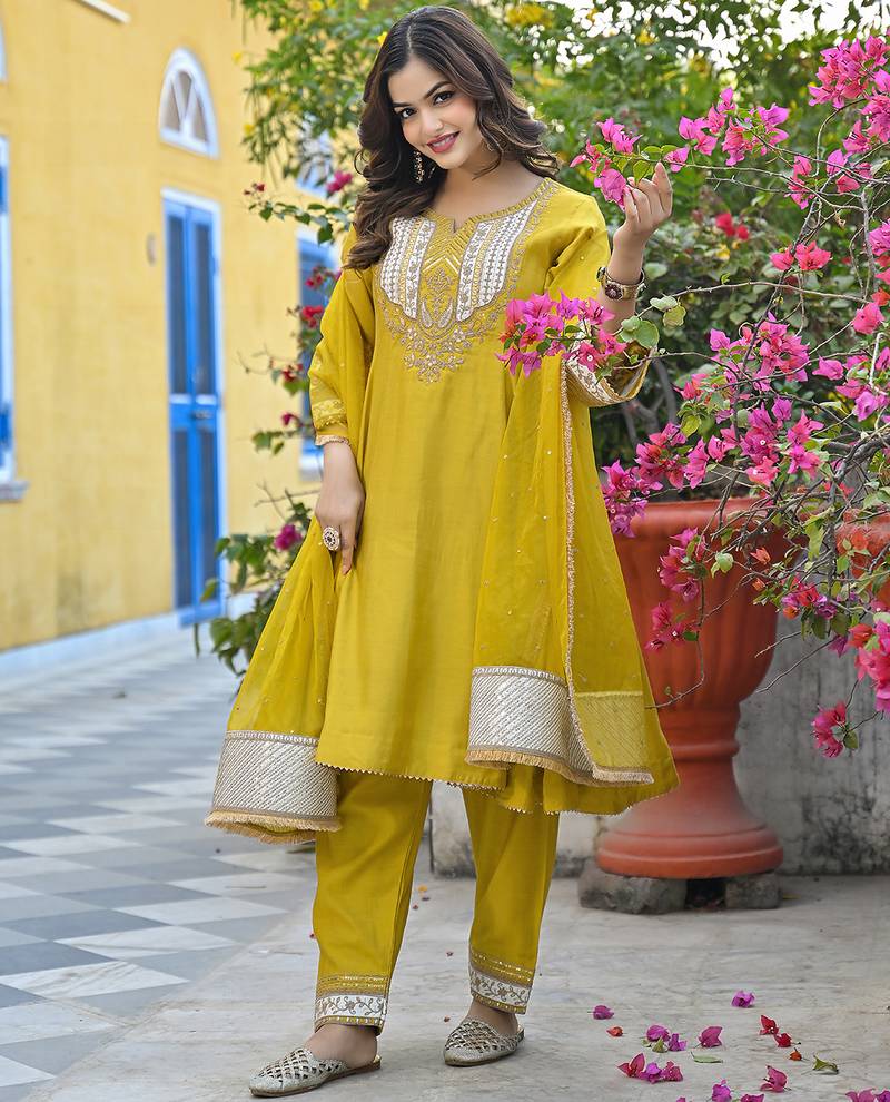 Women yellow silk blend solid embroidered anarkali kurta salwar with dupatta