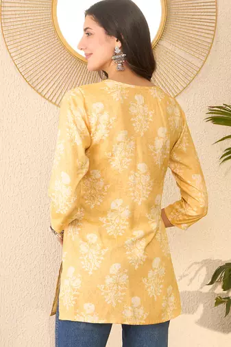 Women yellow cotton blend floral printed regular top