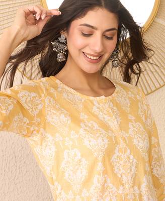 Women yellow cotton blend ethnic motifs printed regular top 2