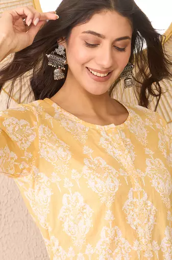 Women yellow cotton blend ethnic motifs printed regular top