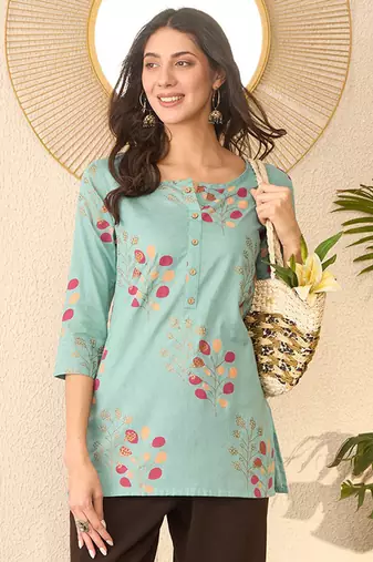 Women blue cotton blend floral printed regular top