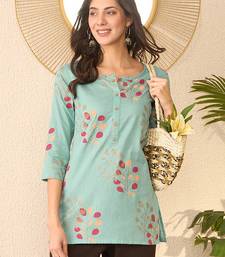 Women blue cotton blend floral printed regular top