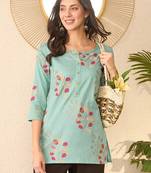 Women blue cotton blend floral printed regular top