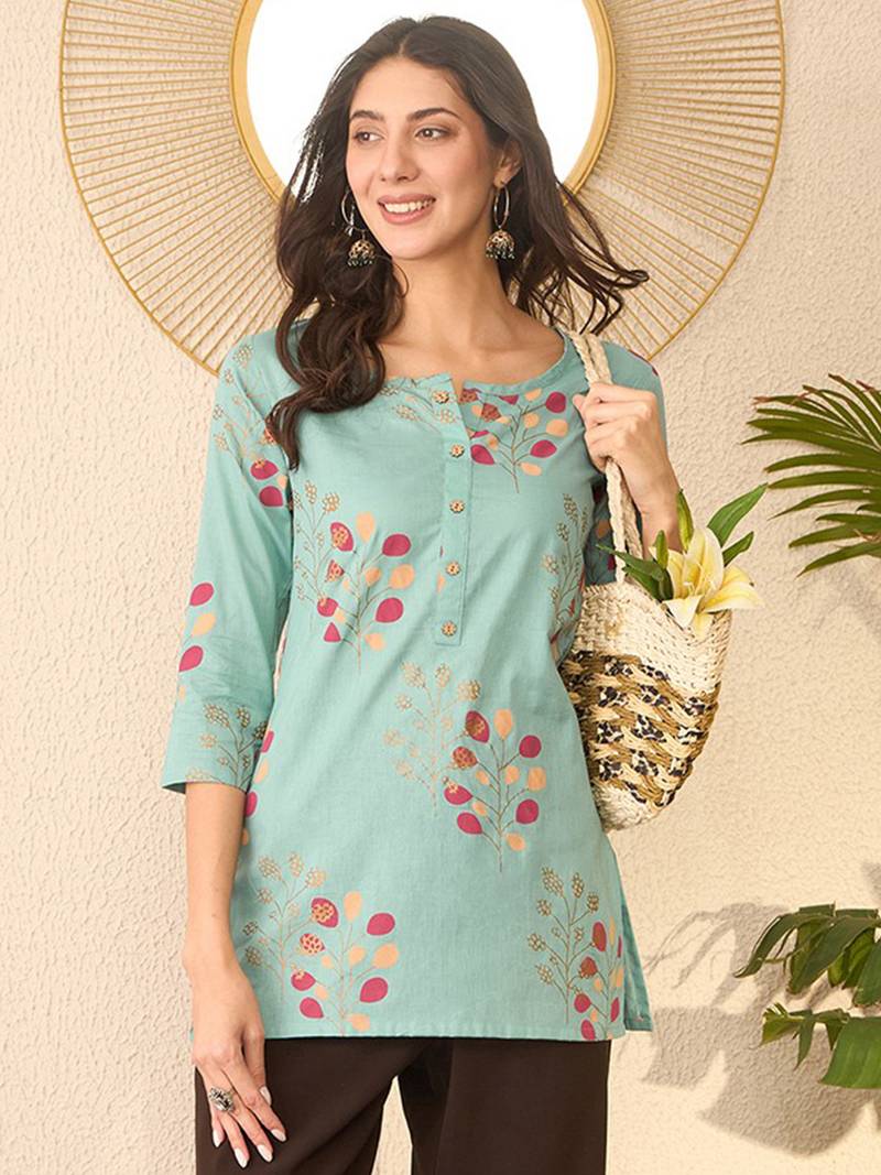 Women blue cotton blend floral printed regular top