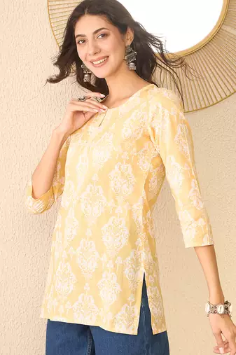 Women yellow cotton blend ethnic motifs printed regular top
