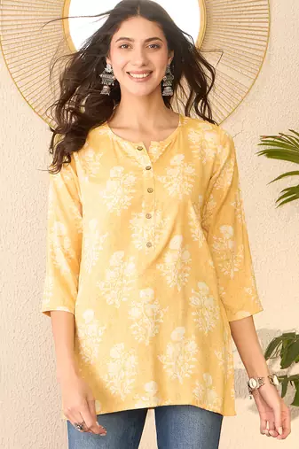 Women yellow cotton blend floral printed regular top
