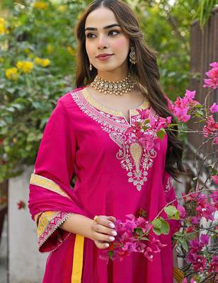 Women pink silk blend solid embroidered anarkali kurta salwar with dupatta 1