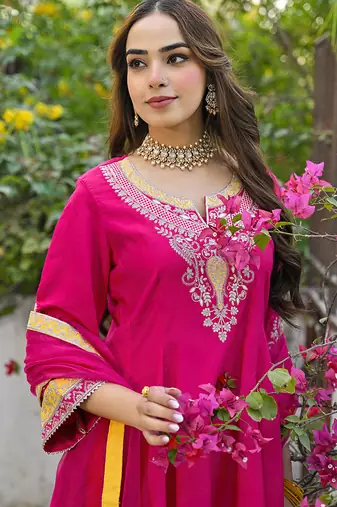 Women pink silk blend solid embroidered anarkali kurta salwar with dupatta