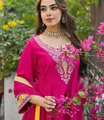 Women pink silk blend solid embroidered anarkali kurta salwar with dupatta