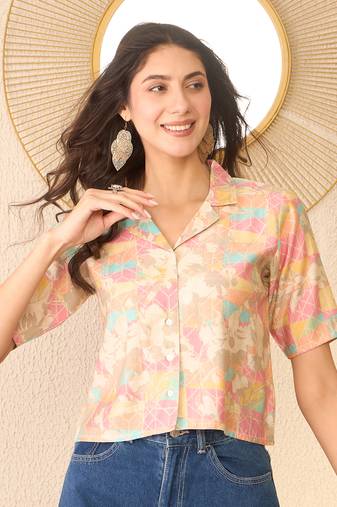 Women multi cotton blend abstract printed crop shirt style top