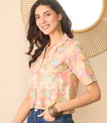 Women multi cotton blend abstract printed crop shirt style top