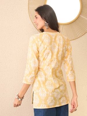 Women yellow cotton blend ethnic motifs printed regular top 4
