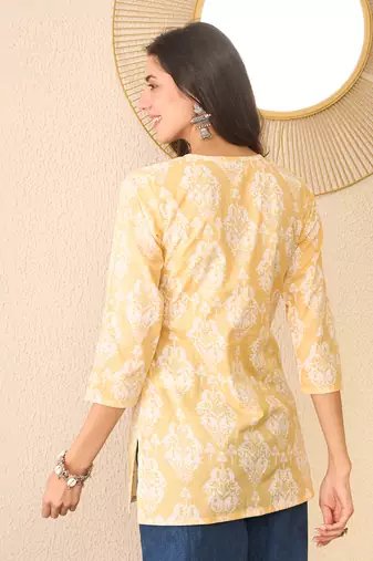 Women yellow cotton blend ethnic motifs printed regular top