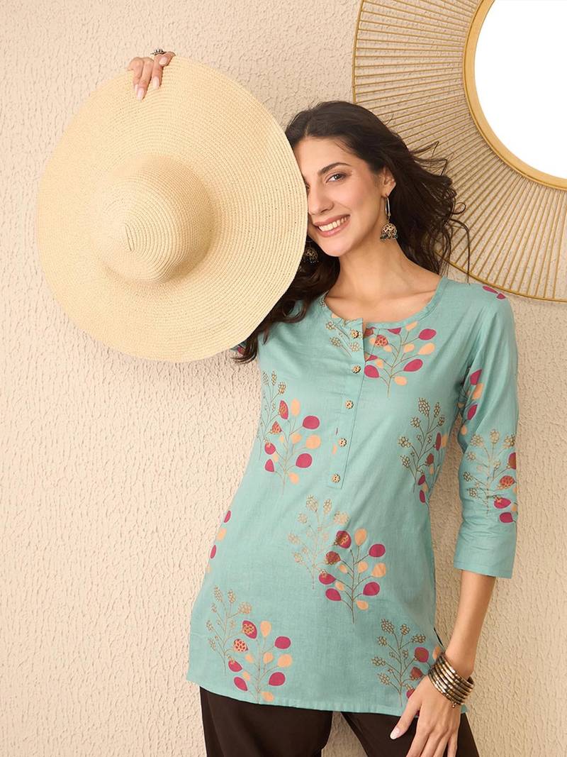 Women blue cotton blend floral printed regular top