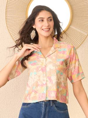 Women multi cotton blend abstract printed crop shirt style top 2