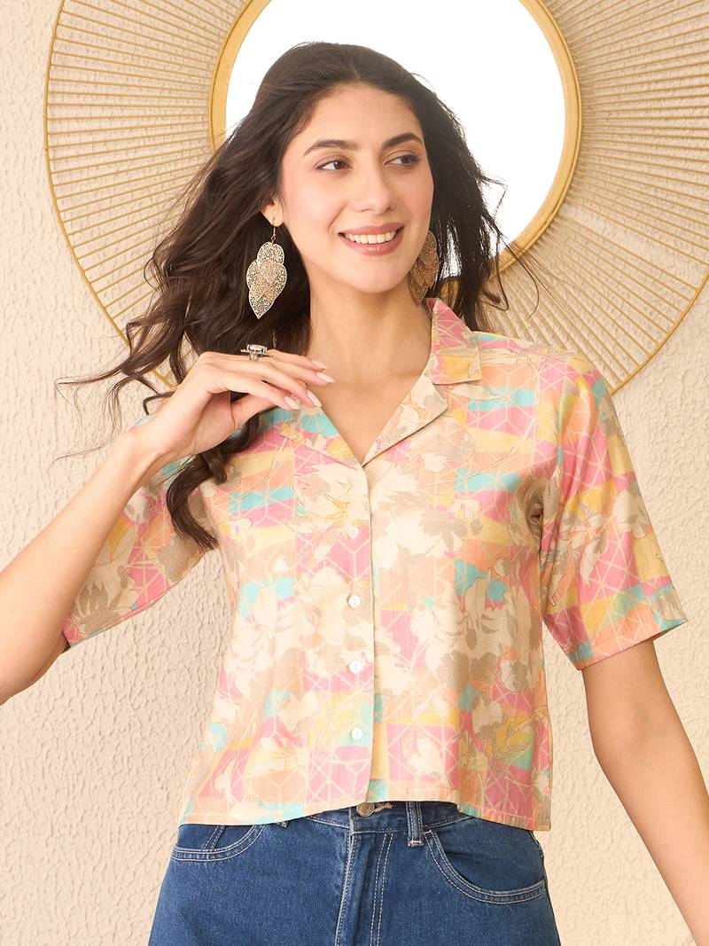 Women multi cotton blend abstract printed crop shirt style top