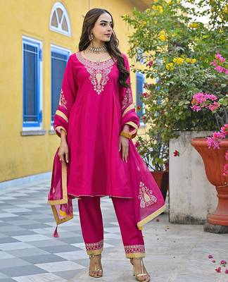 Women pink silk blend solid embroidered anarkali kurta salwar with dupatta 2