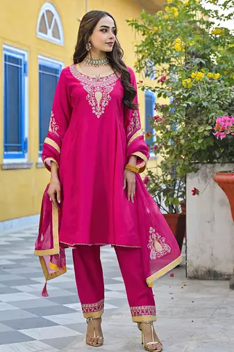 Women pink silk blend solid embroidered anarkali kurta salwar with dupatta